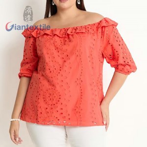 Women’s Plus Size Cotton Poplin Top Orange Solid Design Loose Drop Shoulder-Summer Essential Breathable Casual for Spring ODM GTCW202460G1
