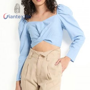 Giantextile Women’s Casual Summer Fashion Crop Top Loose Fit Poplin Fabric Breathable Woven Solid Pattern with Bow Collar ODM GTCW202534G1