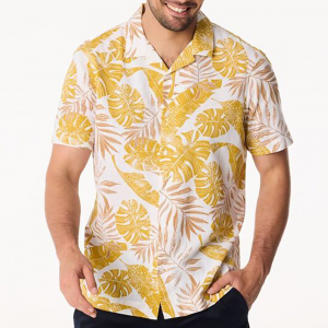 Men’s Hawaiian Collar Shirt with Yellow Flowers 100% Cotton  Short Sleeve Beach Wear for Summer-Fashionable & Breathable GTCW202716G1