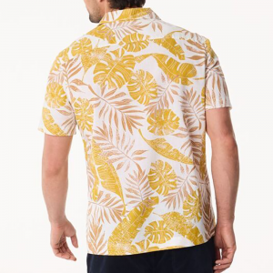 Men’s Hawaiian Collar Shirt with Yellow Flowers 100% Cotton  Short Sleeve Beach Wear for Summer-Fashionable & Breathable GTCW202716G1