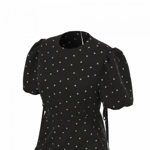 New Design Polyester Spandex Dot Print Elegant Short Sleeve Casual Delicate Yarn Dyed Long Dress For Women GTF113007G2