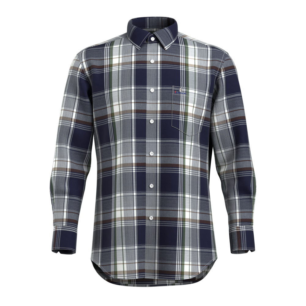 Hot Selling big Asymmetrical Check Shirt 100% Cotton Casual Navy Brown Long Sleeve Shirt for Men GTF190025 Featured Image