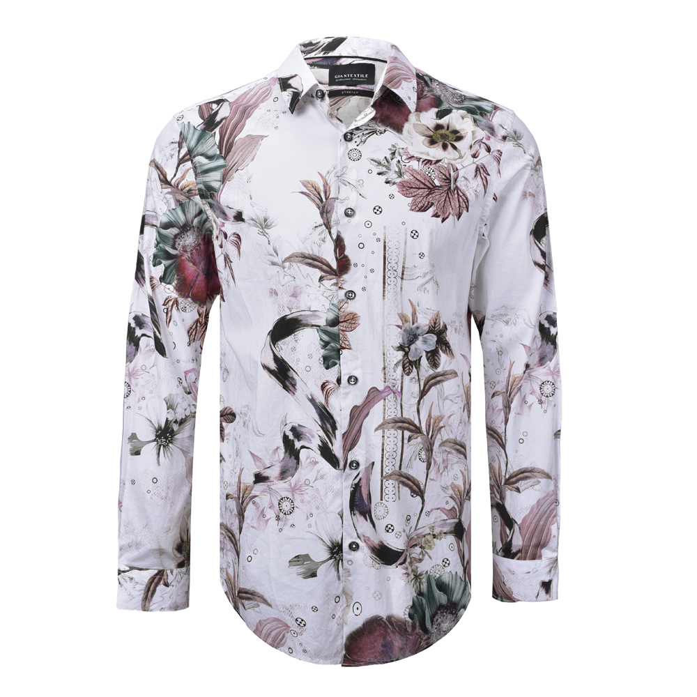 Men’s Shirt 97% Cotton 3% Spandex Floral Digital Print Soft wash Poplin Long Sleeve for Men’s GTCW107003G1