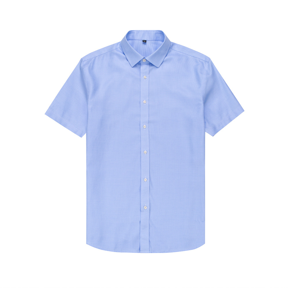 RTS 100% Cotton Men’s Sky Blue Mini Dobby Check Business Tuxedo Shirts Short Sleeve DP Non Iron Custom Dress Shirts For Men Featured Image