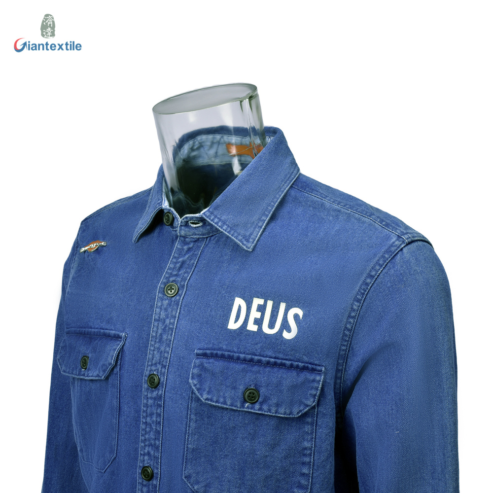 Men’s Denim Shirt 100% Cotton Long Sleeve Solid Herringbone Denim Shirt With Big Logo For Men GTCW106256G1