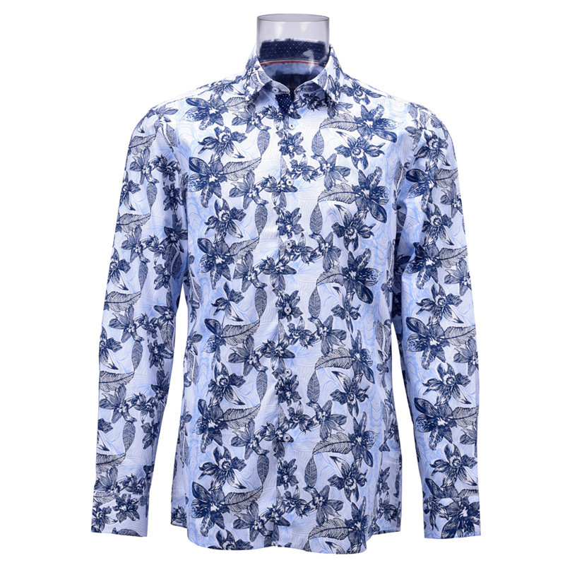 Men’s Print Shirt 100% Cotton Long Sleeve Light Blue Floral Normal Print Shirt For Men GTCW107470G1