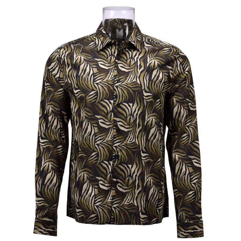 Men’s Print Shirt 100% Cotton Long Sleeve Leaves  Digital Print Shirt For Men GTCW106678G1