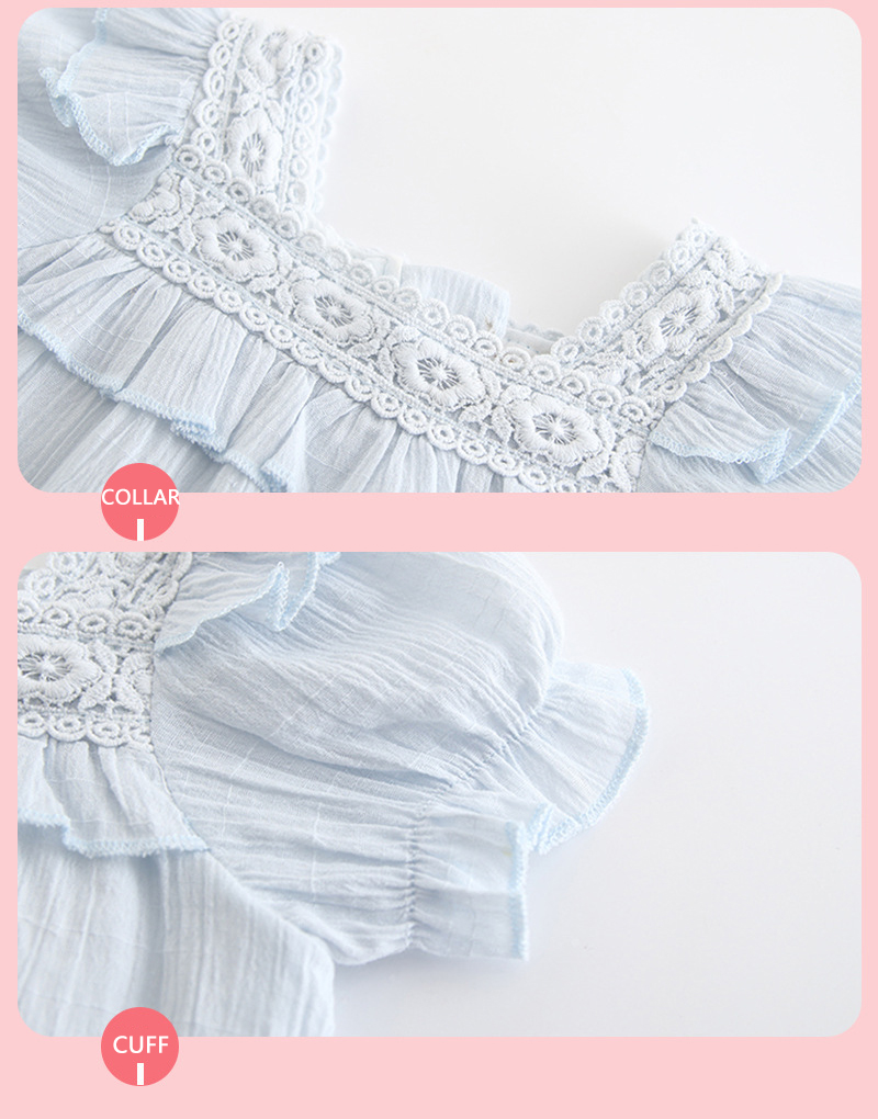 Summer New Fashion Dress Baby Child Solid Cotton Ins Lace Collar Flounced Puff Sleeve Princess Girls  Dress
