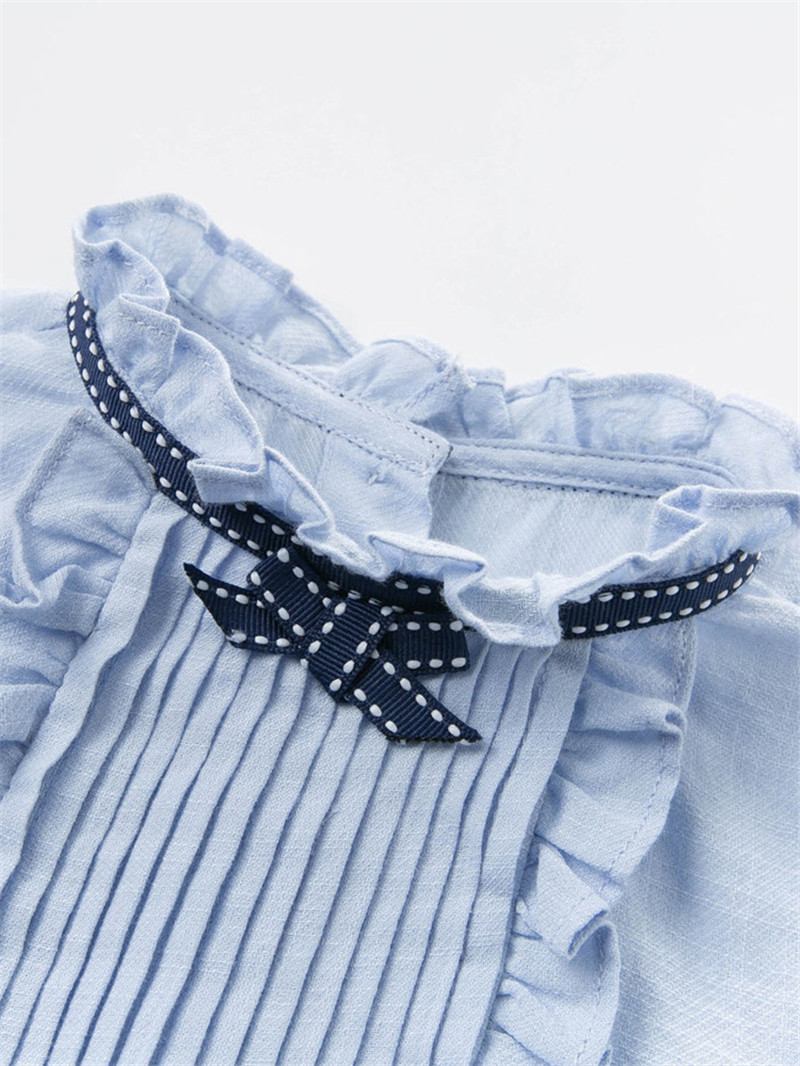 New Spring Summer Cotton Slub French Romance Pleated Mini Bowknot Stringy Selvedge Girl's Shirt