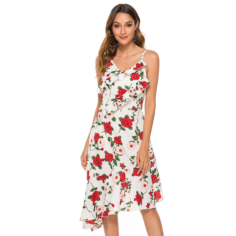 Hot Sales 2020 New Floral Printed Leisure Backless Asymmetrical Ruffles Halter Dress