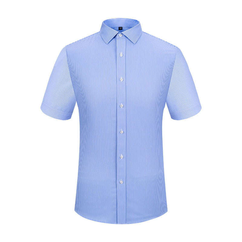 Ready to Ship 100% Cotton Men's Blue White Striped Twill Shirts Short Sleeve DP Non Iron Breathable Custom Dress Shirts For Men