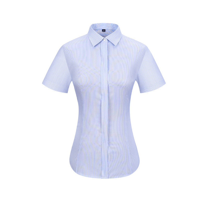 Ready to Ship 100% Cotton Women's Light Blue striped Shirts Short Sleeve DP Non Iron Custom V-neck Dress Shirts For women