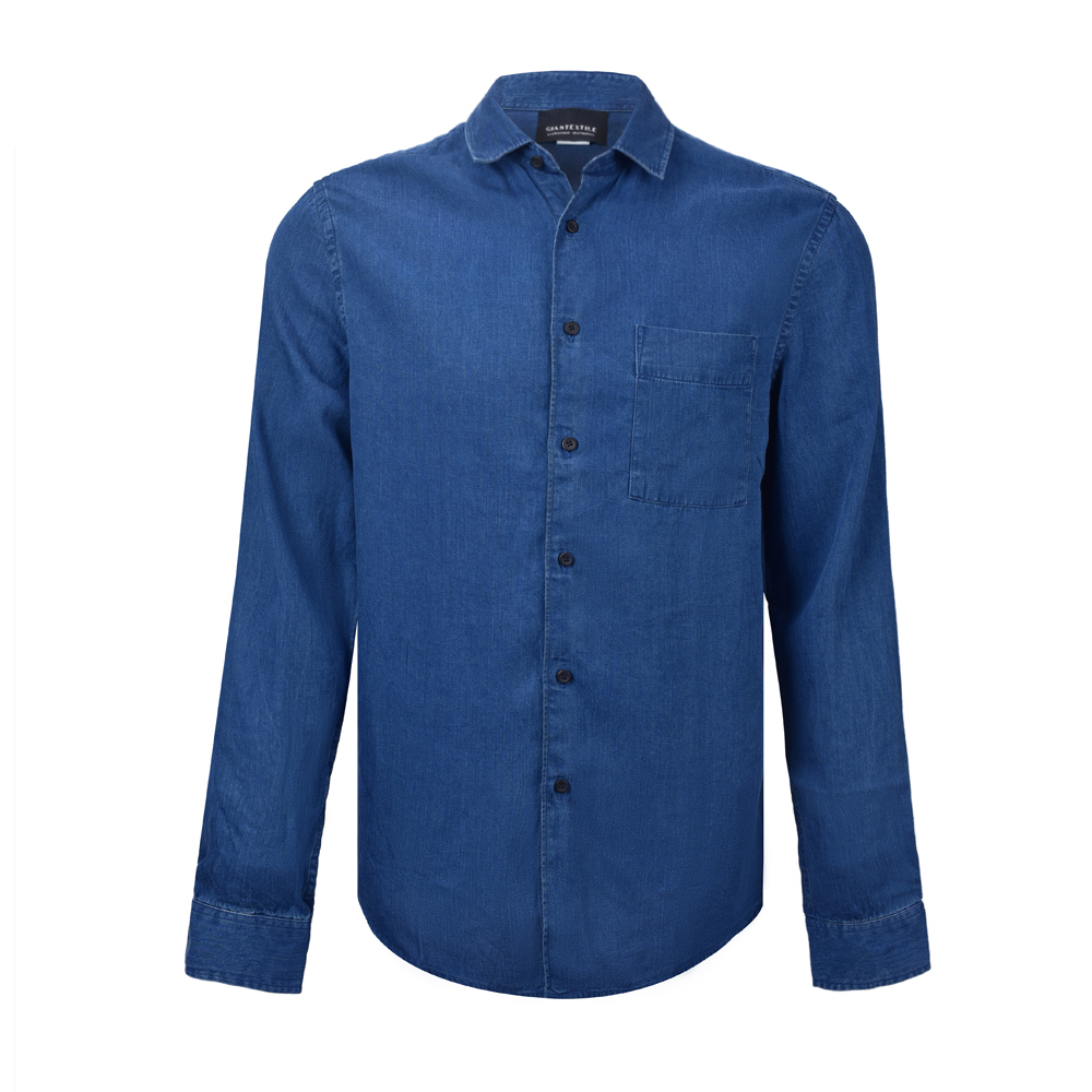 Men’s Solid Long Sleeve Blue Denim Shirt Skin-Friendly Super Soft 100% ...