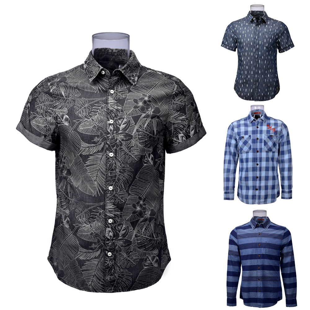 Men’s Denim Shirt 100% Cotton Short Sleeve Printed Floral Denim Shirt For Men GTCW106166G1