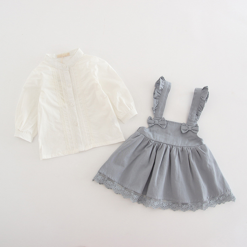 Fall New Two-piece Baby Girls Suit With Cotton Straps Perlin Skirt And Romantic Princess Lovely Stand Neck For Girls