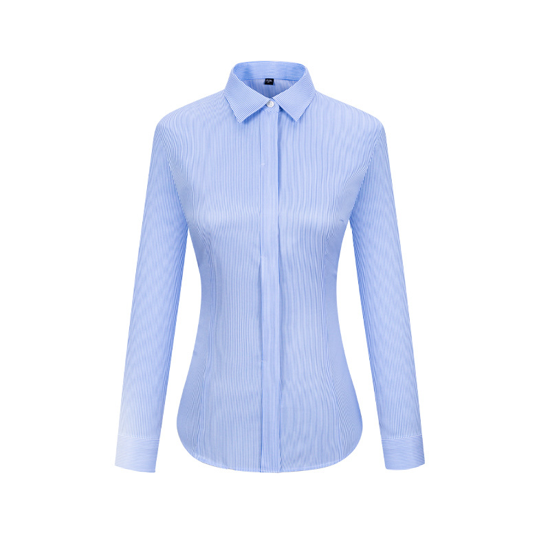 Ready to Ship 100% Cotton Women's Blue White Striped Twill Shirts Long Sleeve DP Non Iron Custom  Dress Shirts For Women