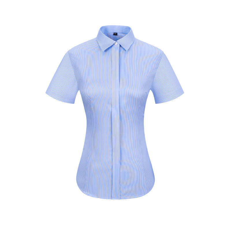 RTS 100% Cotton Women's Blue White Striped Twill Business Tuxedo Shirt Short Sleeve DP Non Iron Custom Dress Shirt For Women