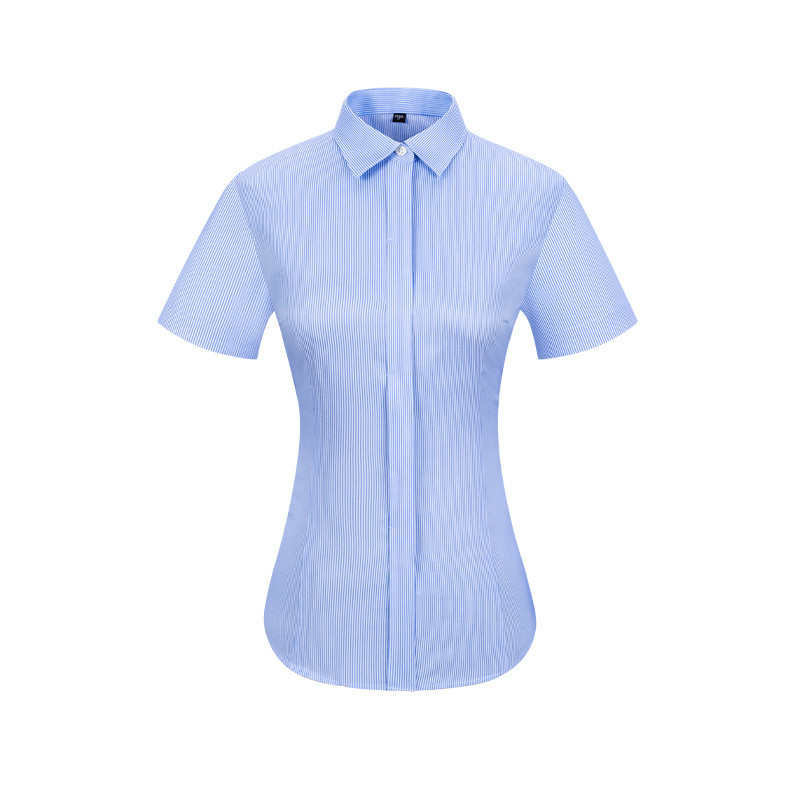 Ready to Ship 100% Cotton Women's Blue White Striped Twill Shirts Short Sleeve DP Non Iron Custom Dress Shirts For Women