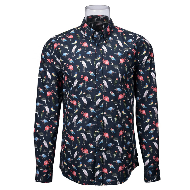 Men’s Digital Print Shirt 100% BCI Cotton Long Sleeve Brids Print Shirt For Men GTCW107075G1