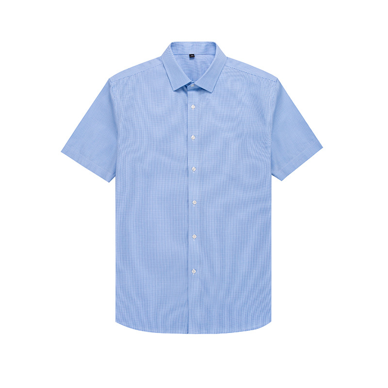 Ready to Ship 100% Cotton Men's Blue Mini Check Shirts Short Sleeve DP Non Iron Breathable Custom Dress Shirts For Men