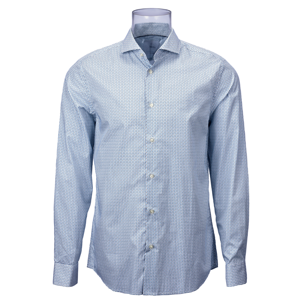 Men’s Sustainable Print Shirt 100% BCI Cotton Long Sleeve Light Blue Geometric Print Shirt For Men GTCW106469G1