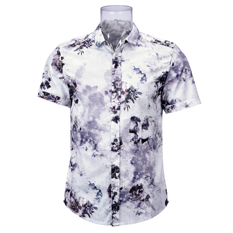 Men’s Print Shirt 100% Cotton Short Sleeve Purple Floral Normal Print Shirt For Men GTCW106527G1