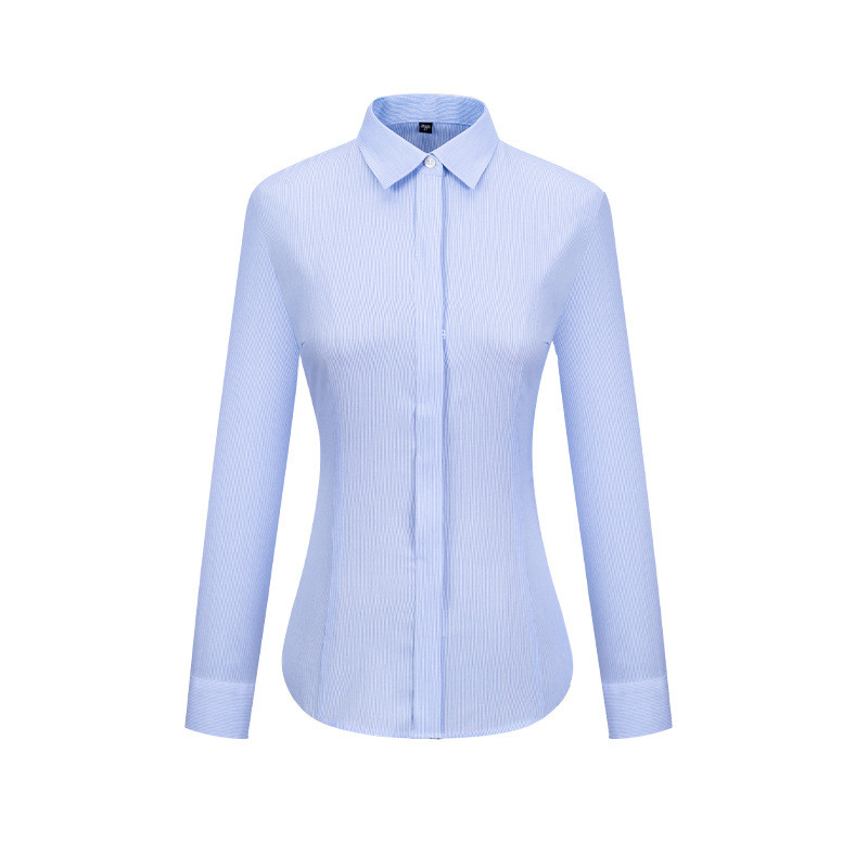 RTS 100% Cotton Women's Blue White Fine Striped Business Tuxedo Shirts Long Sleeve DP Non Iron Custom Dress Shirts For Women Featured Image