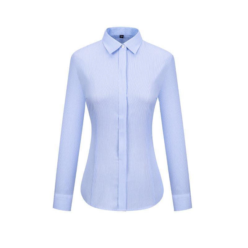 Ready to Ship 100% Cotton Women's Blue White Fine Striped Shirts Long Sleeve DP Non Iron Custom Dress Shirts For Women