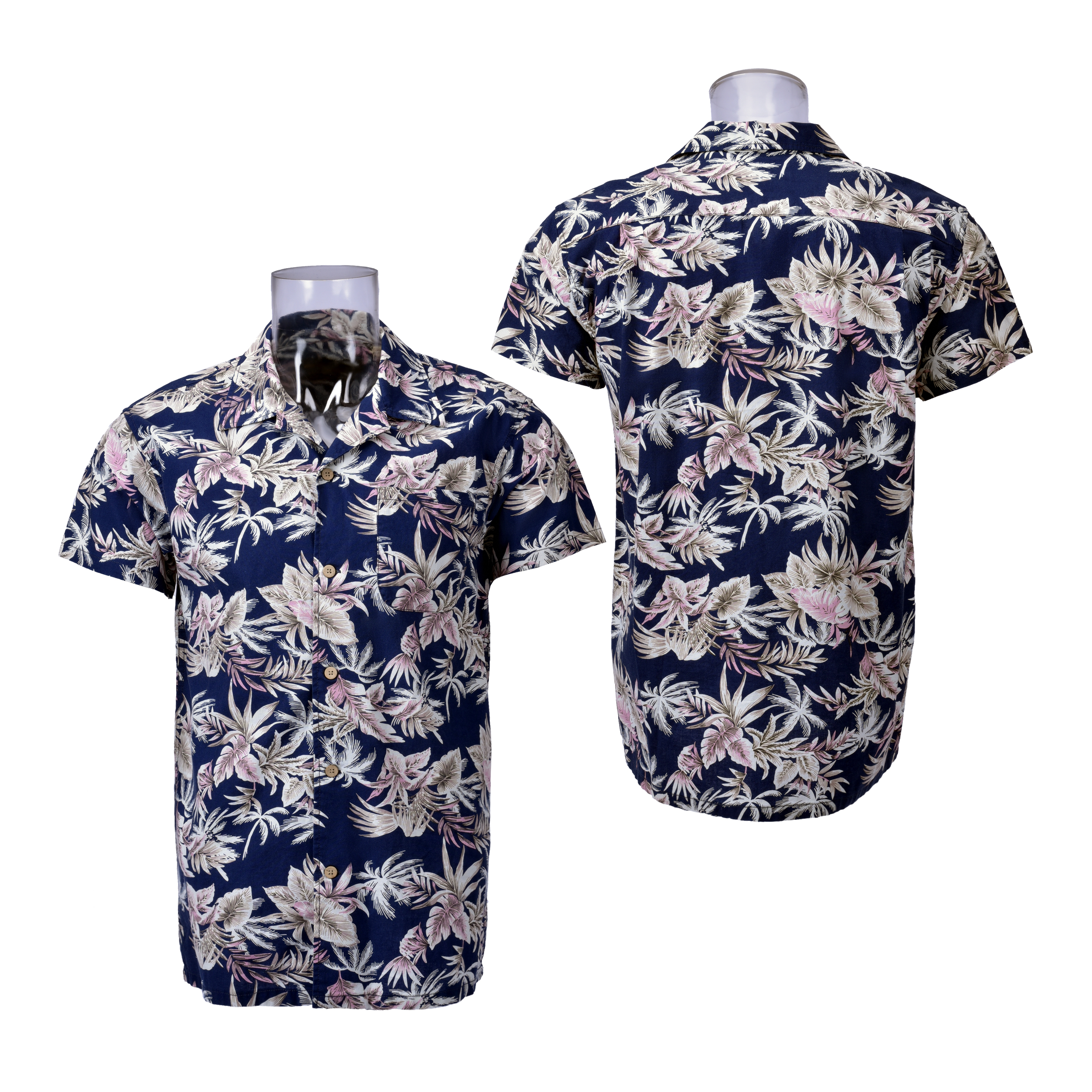 New Hawaiian Men’s 100% Cotton Shirt Short Sleeve One Pocket  Navy Floral Print Hawaii Collar  Casual Shirt For Men GTCW106393G1