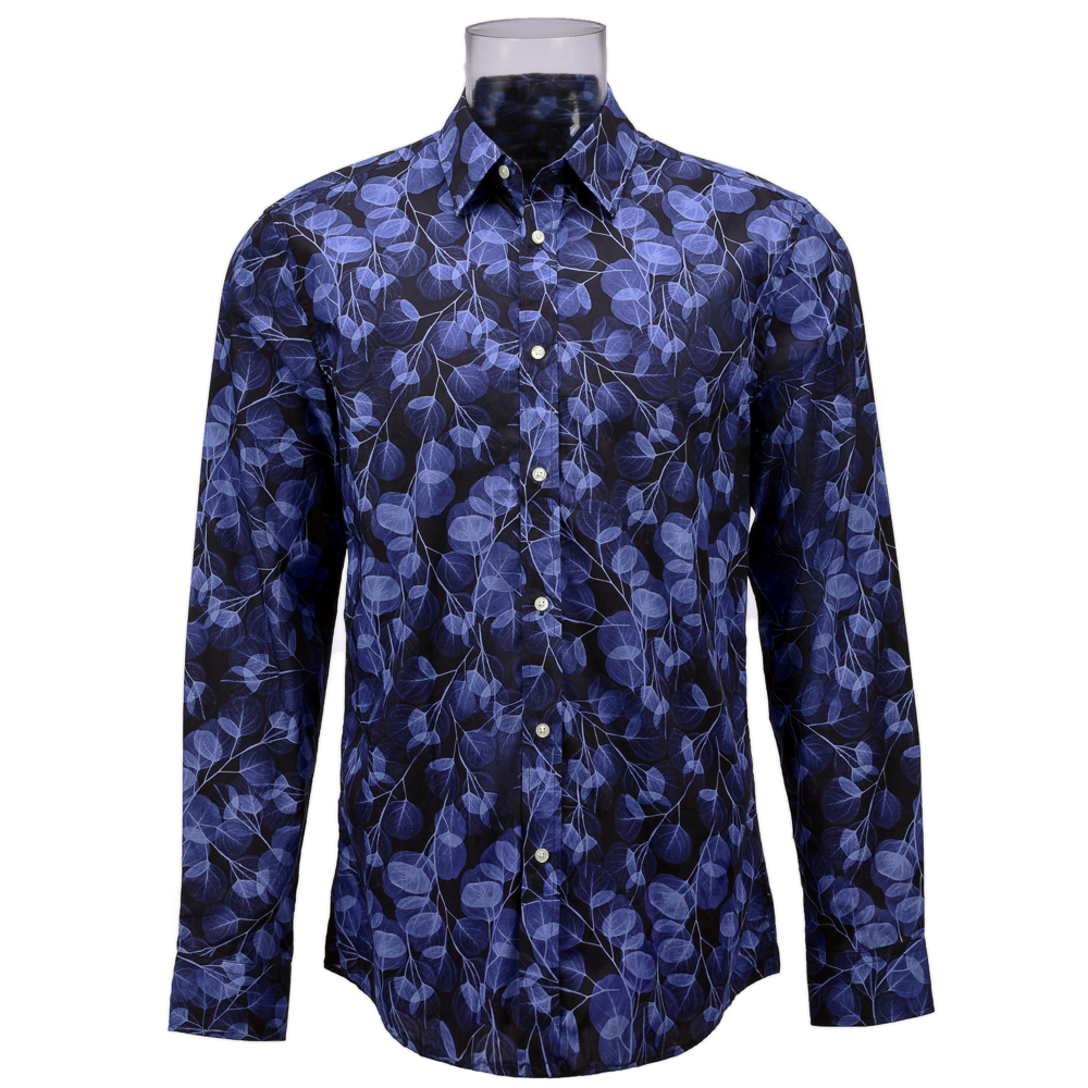 High Quality Men’s Print Shirt 100% Cotton Long Sleeve Dark Blue Floral ...