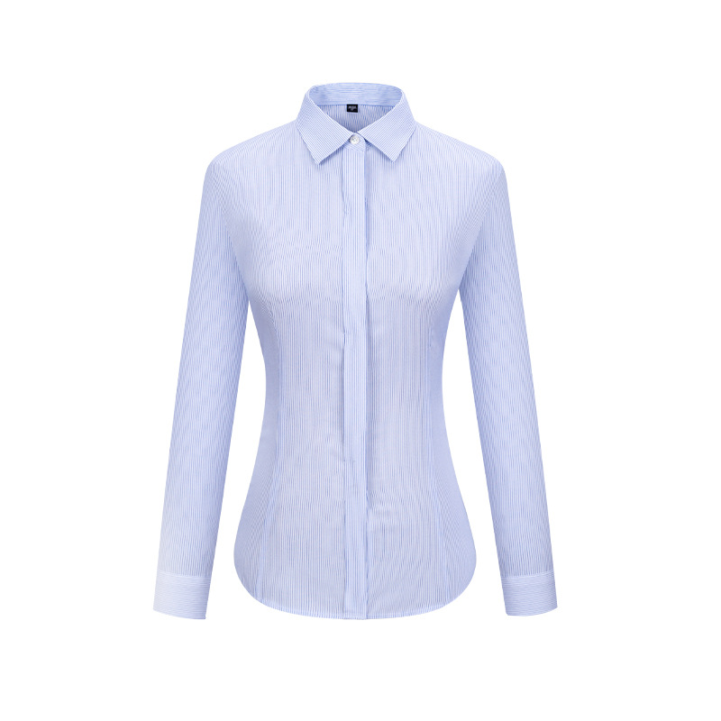 Ready to Ship 100% Cotton Women's Light Blue striped Shirts Anti-wrinkle DP Non Iron Custom Dress Shirts For women