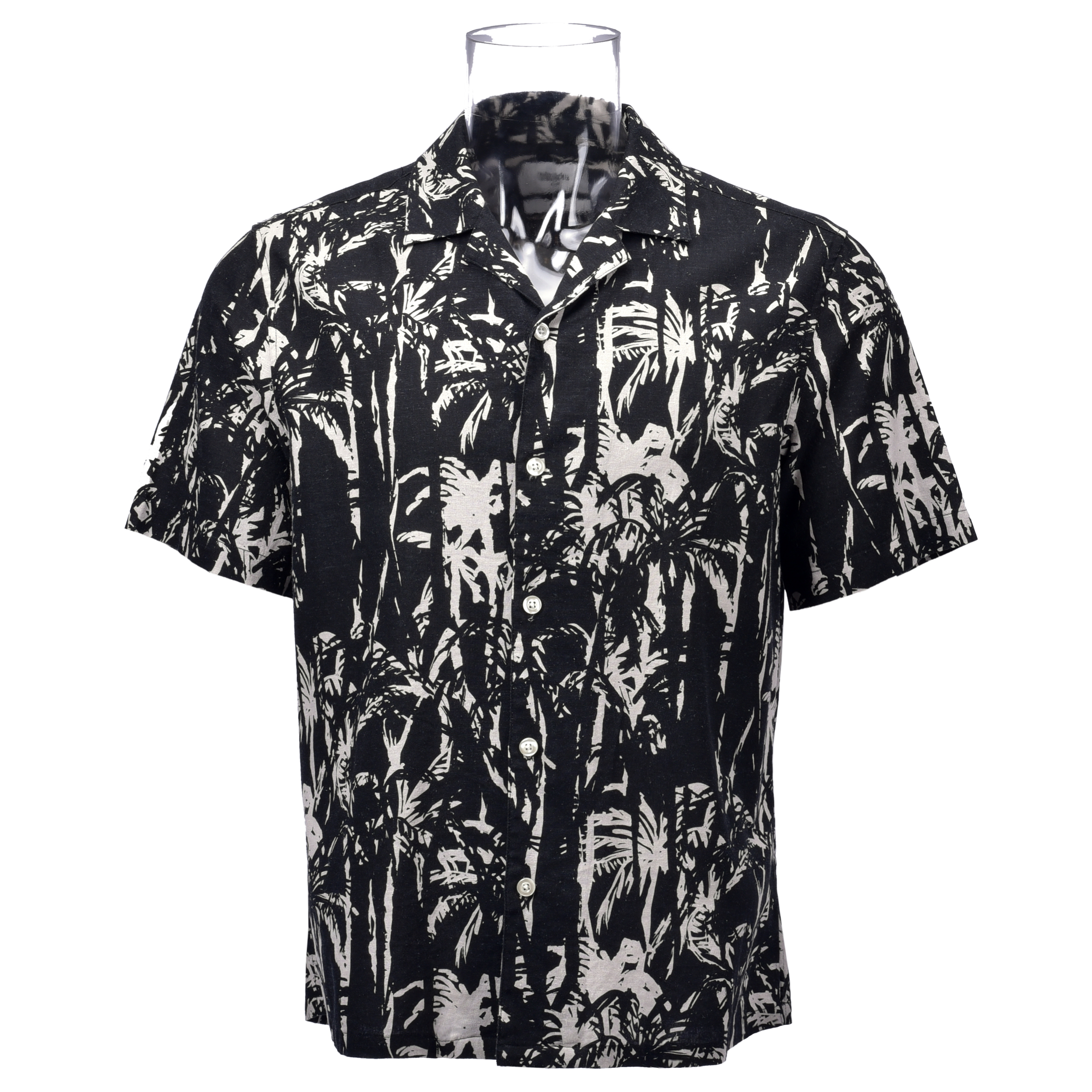 Men’s Shirt Linen Viscose Blended Short Sleeve Black Floral Printed Shirt For Men GTCW107329G1