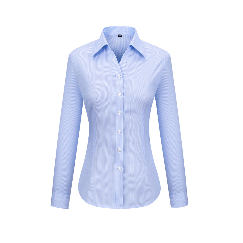 RTS 100% Cotton Women's Blue White Striped Poplin Business Formal Shirt Long Sleeve Non Iron v-neck Dress Shirt For Women