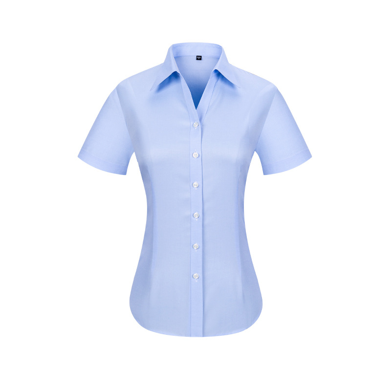 RTS 100% Cotton Women's Solid Blue Twill Business Tuxedo Shirt Short Sleeve Non Iron Custom V-neck Dress Shirt For Women