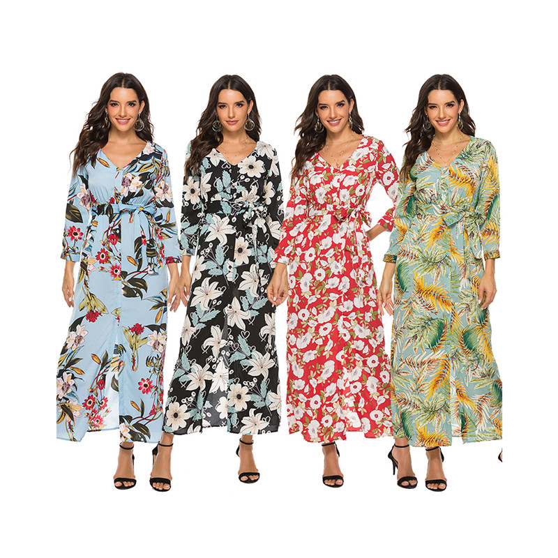 Hot Sales New Bohemian Slit beach Floral Printed Dress Long-sleeved New Dress