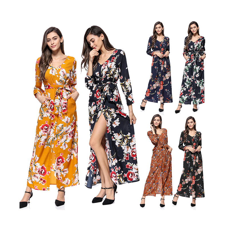 Hot Sales New Bohemian Slit beach Colorful Floral Printed Casual Dress Long-sleeved V-neck New Dress