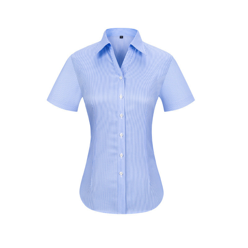 RTS 100% Cotton Women's Blue White Striped Twill Business Tuxedo Shirt Short Sleeve Non Iron V-neck Dress Shirt For Women