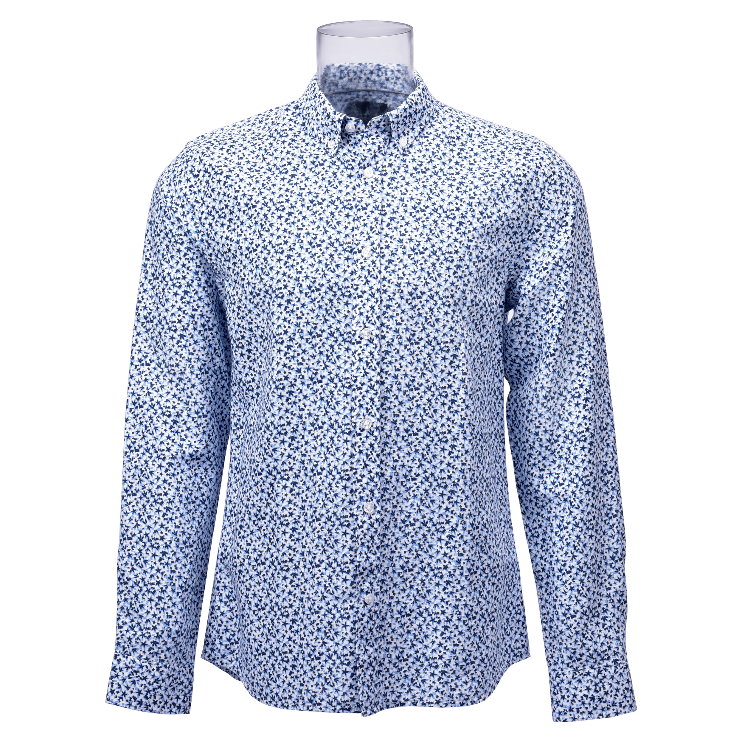 Men’s Shirt Cotton Linen Blended Long Sleeve Blue Floral Printed Shirt For Men GTCW107328G1