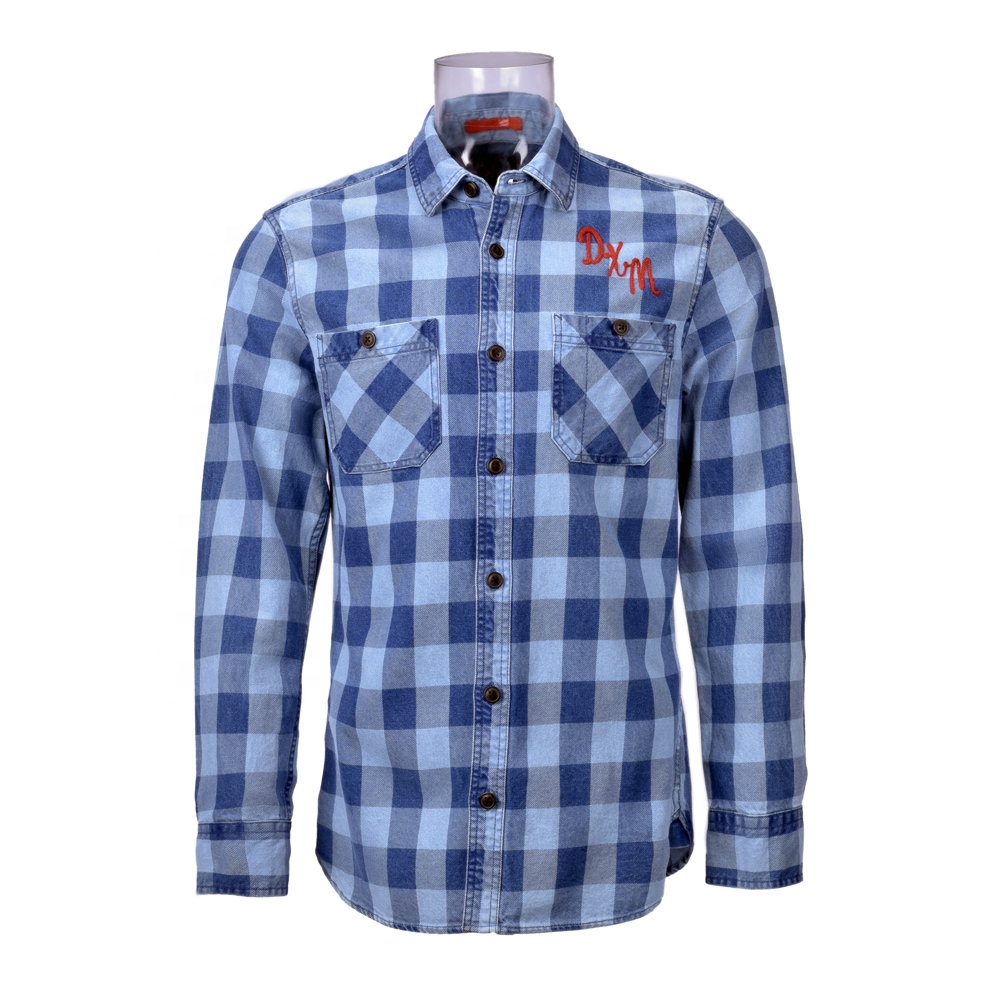 Men’s Denim Casual Shirt 100% Cotton Long Sleeve Yarn Dyed Check Denim Shirt For Men GTCW106255G1