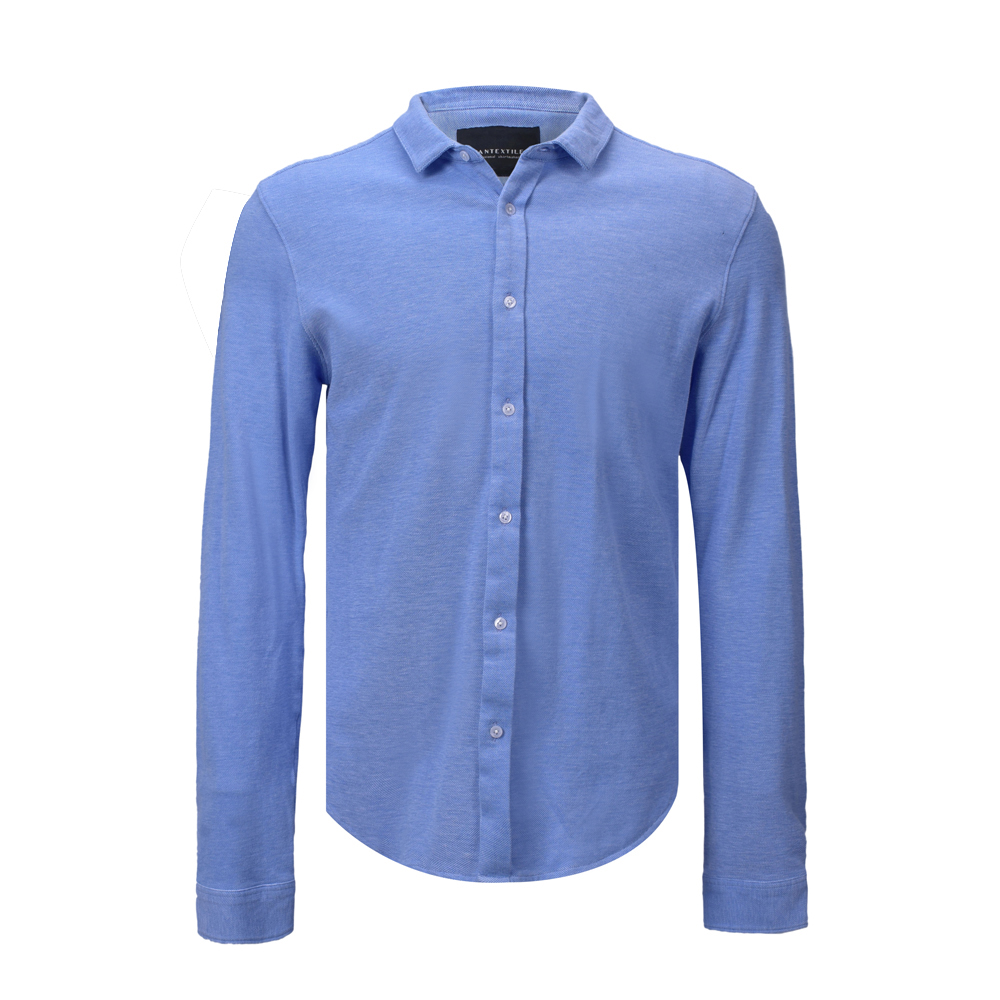 New Arrival woven Like  Knitted Shirt Solid Comfortable Pique Fabric Long Sleeve Shirt For Men C 210 ML BLUE