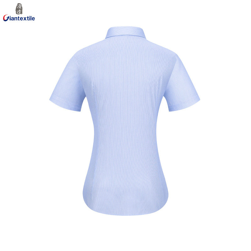 RTS 100% Cotton Women's Blue White Striped Poplin Business Shirt Short Sleeve Non Iron v-neck Dress Shirt For Women