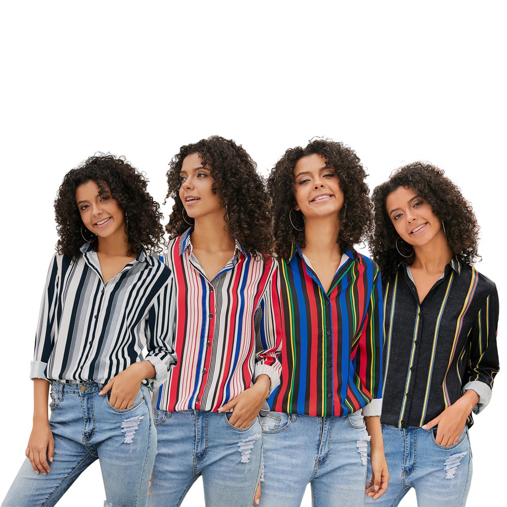 New Fashion single-row Turn-down long-sleeved Vertical Colorful Stripe Casual Modern Blouse