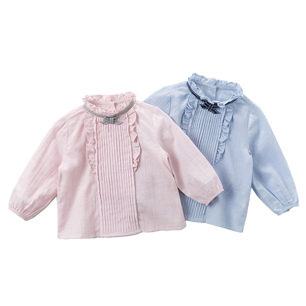 New Spring Summer Cotton Slub French Romance Pleated Mini Bowknot Stringy Selvedge Girl's Shirt