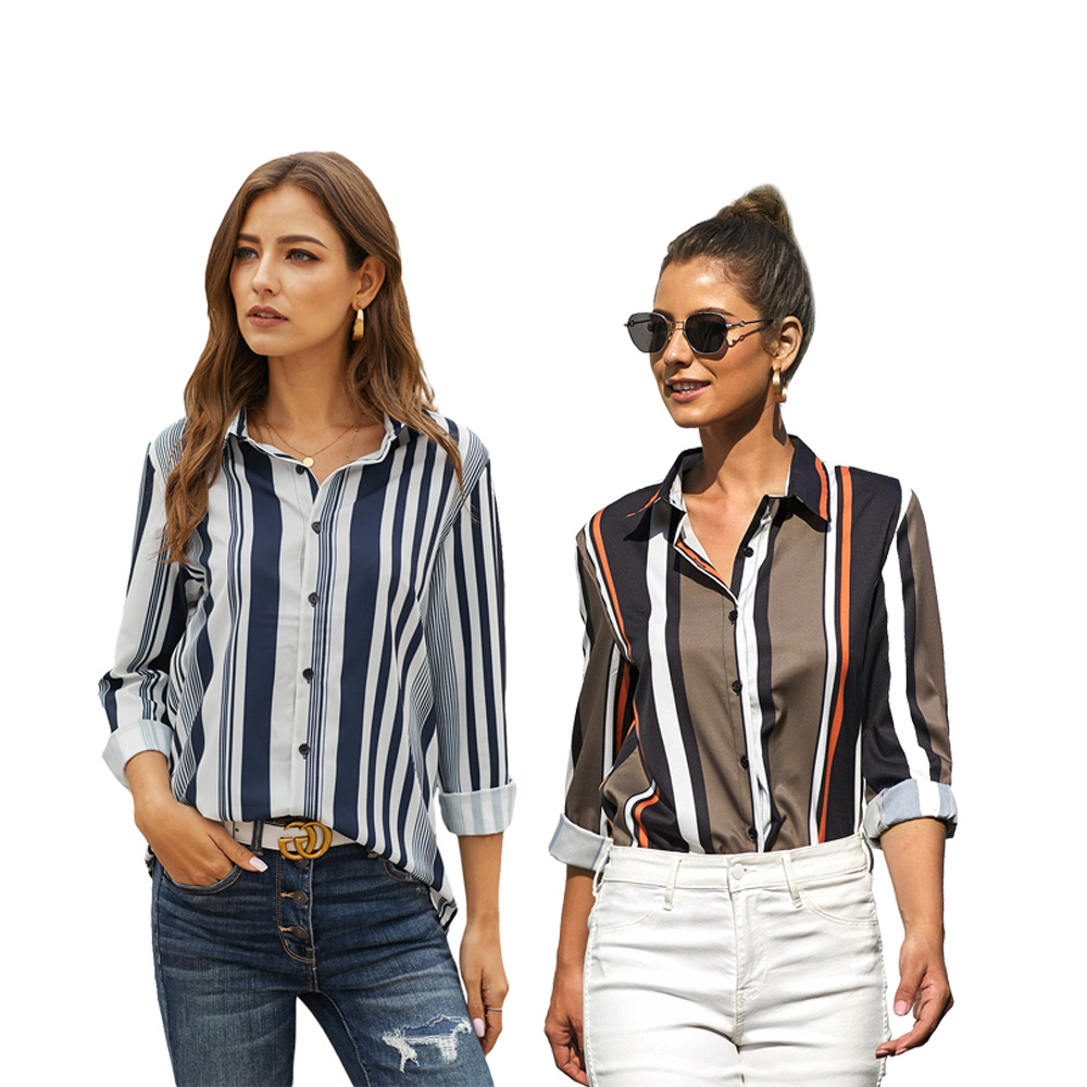 New Fashion single-row Turn-down Collar long-sleeved Vertical Stripe Casual Modern Blouse