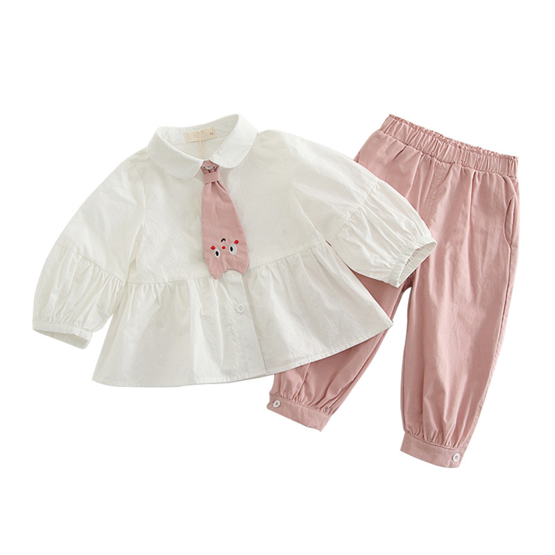Spring New Girls Pure Cotton Lovely Casual Baby Solid Color Shirt With Tie And Pants Two Sets Suit