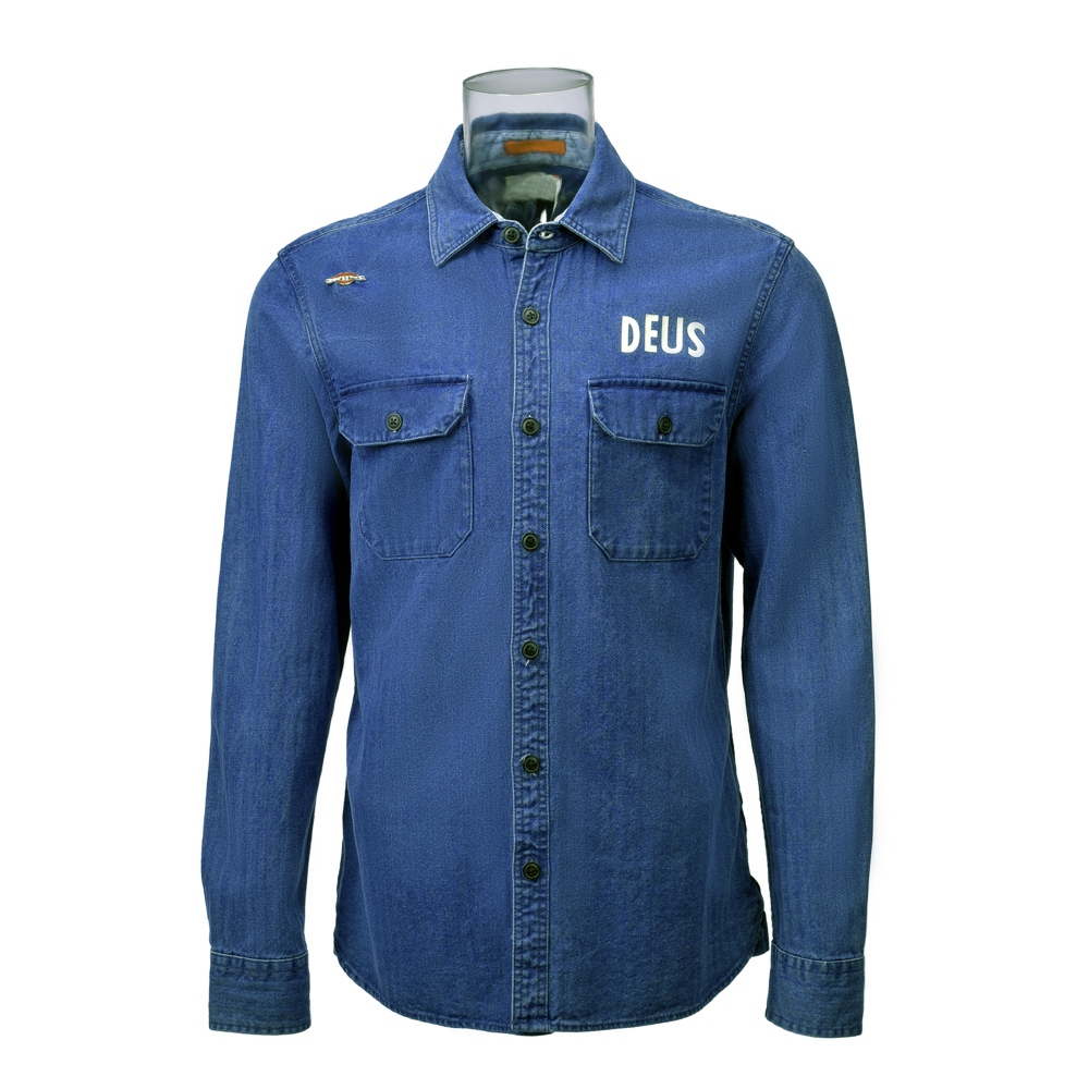 Men’s Denim Shirt 100% Cotton Long Sleeve Solid Herringbone Denim Shirt With Big Logo For Men GTCW106256G1