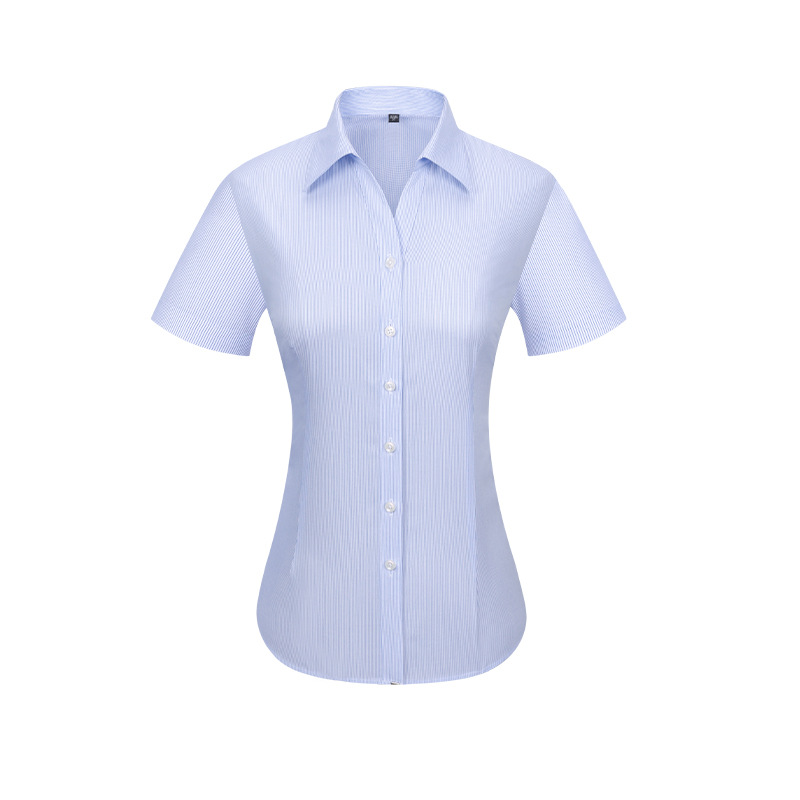 Ready to Ship 100% Cotton Women's Light Blue striped V-neck Shirts Short Sleeve DP Non Iron Custom Dress Shirts For women