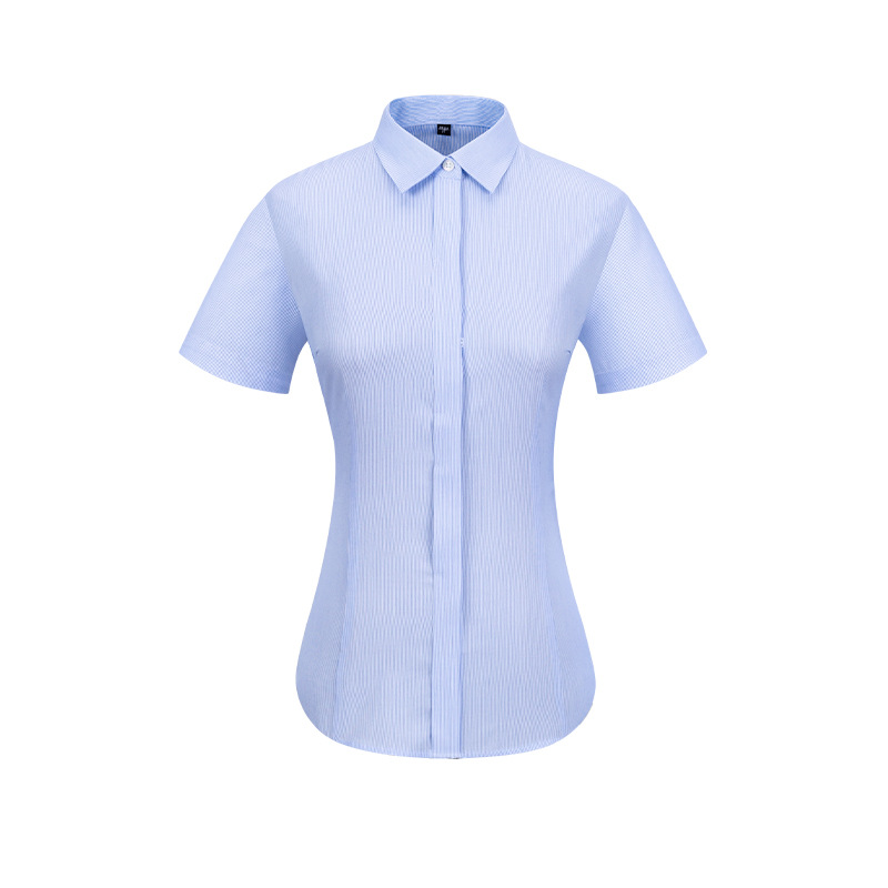 RTS 100% Cotton Blue White Fine Striped Business Formal Shirt Short Sleeve Non Iron Dress Shirt For Women