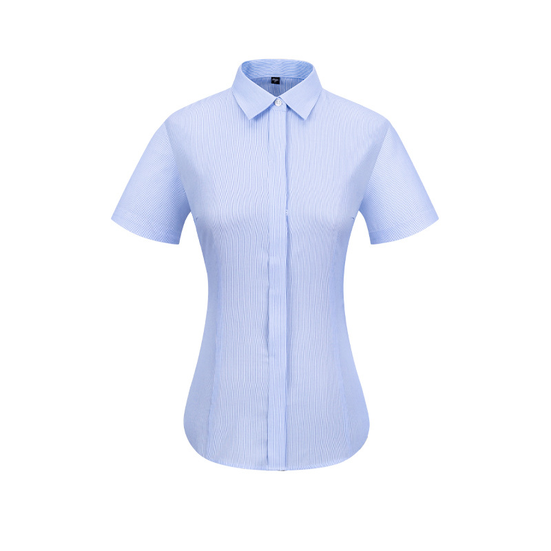 Ready to Ship 100% Cotton  Blue White Fine Striped Shirts Short Sleeve DP Non Iron Custom Dress Shirts For Women