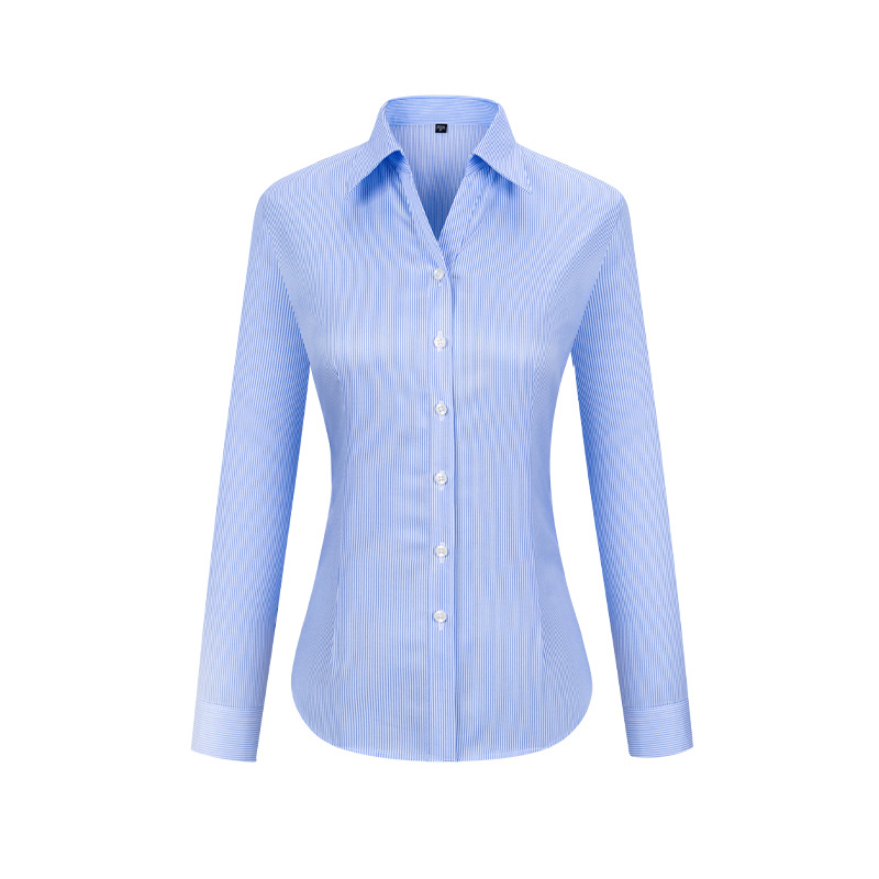 Ready to Ship 100% Cotton Women's Blue White Striped Twill Shirts Anti-wrinkle DP Non Iron Custom v-neck Dress Shirts For Women